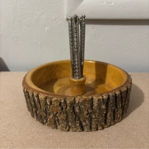 Vintage MCM Rustic Bark Live Edge Wooden Nut Bowl Set Picks Handcrafted